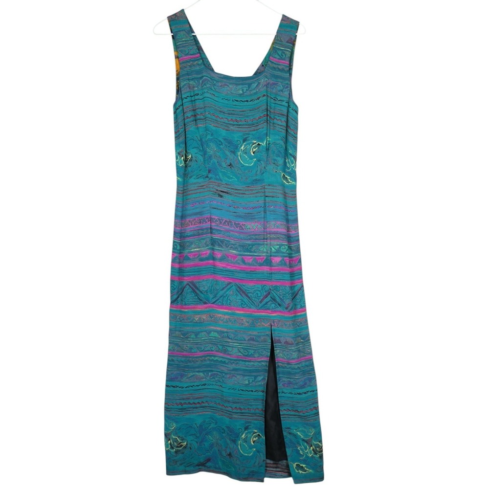 Vintage Carole Little Maxi Dress Size 6 Green Pink Tribal Print Lined‎